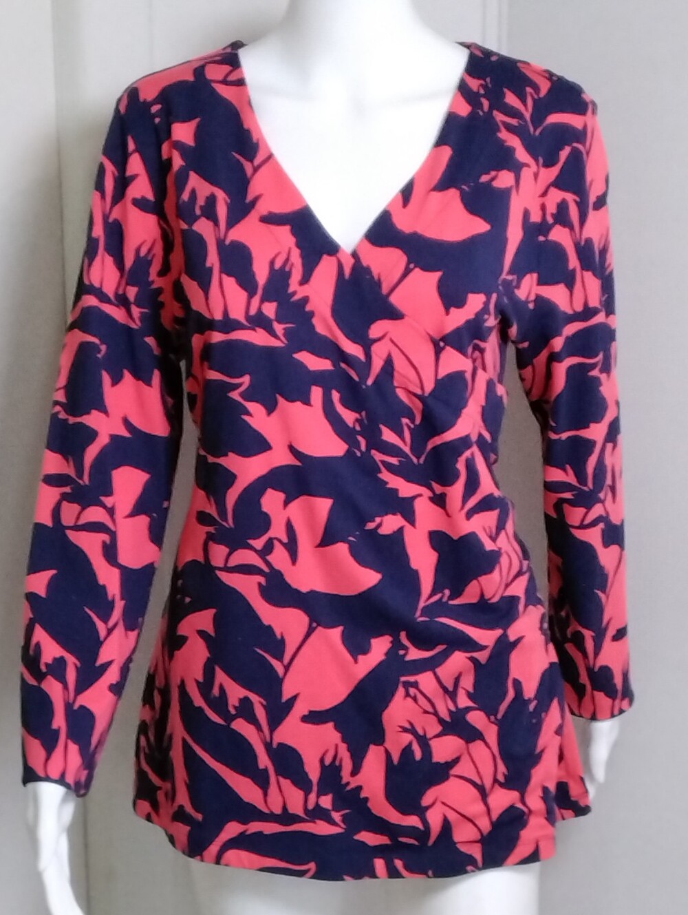 Soft Surroundings Navy Coral Floral V-Neck Long Sleeve Faux Wrap Tunic Top Sz XL